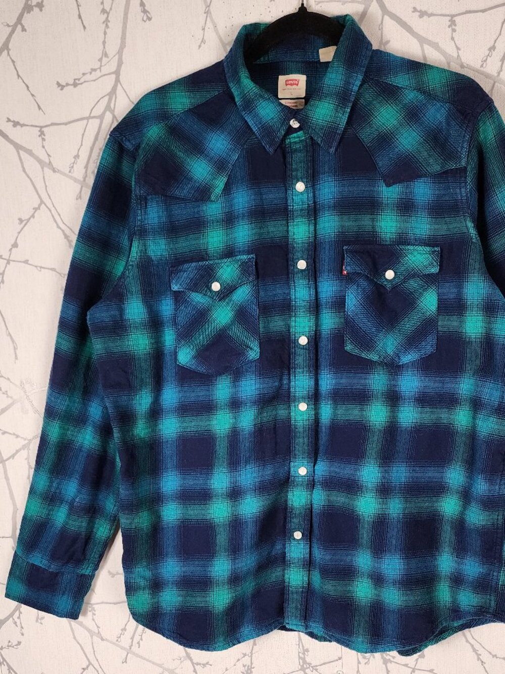 Levi's Blue Green Plaid Cotton Pearl Snap Western Flannel Shirt